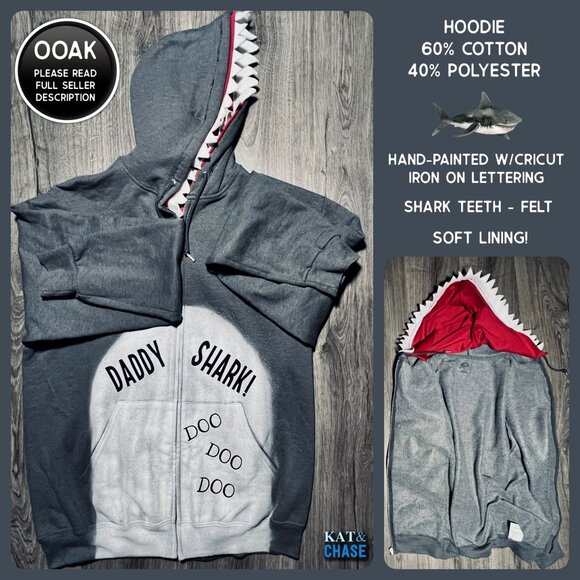 Grey Red Daddy Shark Zip Up Hoodie Mens Large Custom OOAK Father Family Costume - Picture 4 of 12